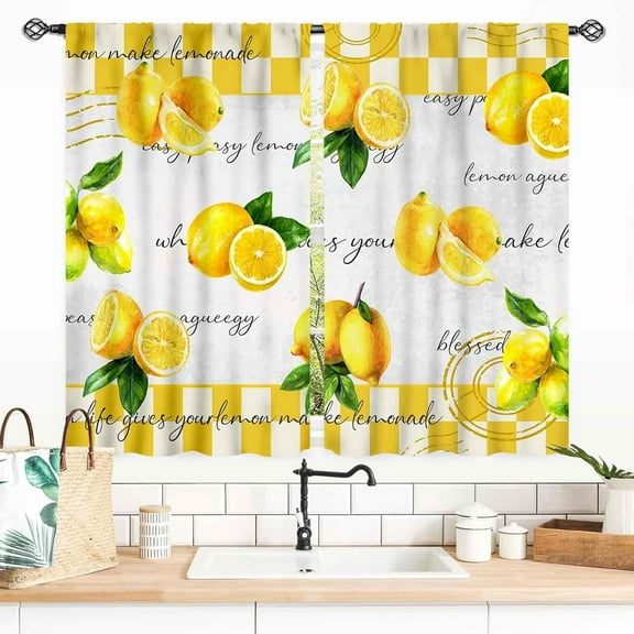 Yellow Lemon Kitchen Curtains, Vintage Retro Summer Fruit Yellow Checkered Small Short Window Drapes Treatments for Living Room Bedroom Bathroom Cafe 2 Panels, 55x39 Inch