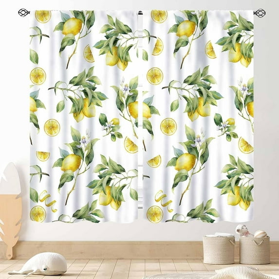 Yellow Lemon Kitchen Curtains, Vintage Retro Summer Spring Seasonal Fruit Floral Pattern Printed Window Drapes Treatments for Living Room Bedroom Bathroom Cafe 2 Panels, 84"x84" Inch