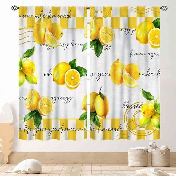 Yellow Lemon Kitchen Curtains, Vintage Retro Summer Spring Seasonal Fruit Yellow Checkered Window Drapes Treatments for Living Room Bedroom Bathroom Cafe 2 Panels, 42"x63" Inch