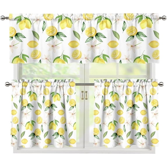 Yellow Lemon Kitchen Curtains Window Curtains and Valance Set 3 Piece Curtains Swag for Bedroom Living Room, Tier Curtains 24 Inch with Valance