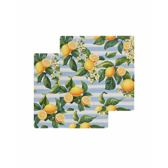 Yellow Lemon Kitchen Dish Towels for Drying Dishes Set of 2, Rustic Summer Fruit Blue Strip Burlap Waffle Weave Microfiber Terry Hand Tea Bathroom Towels Quick Dry & Absorbent Towel 12x12