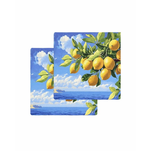 Yellow Lemon Kitchen Dish Towels for Drying Dishes Set of 2, Summer Blue Sky Ocean Coastal Scenery Waffle Weave Microfiber Terry Hand Tea Bathroom Towels Quick Dry & Absorbent Towel 12x12
