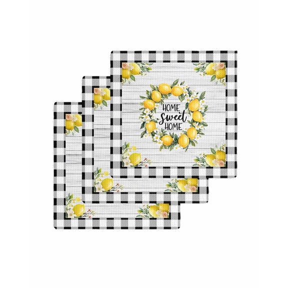 Yellow Lemon Kitchen Dish Towels for Drying Dishes Set of 3, Farmhouse Black Buffalo Plaid Grey Wooden Waffle Weave Microfiber Terry Hand Tea Bathroom Towels Quick Dry & Absorbent Towel 12x12