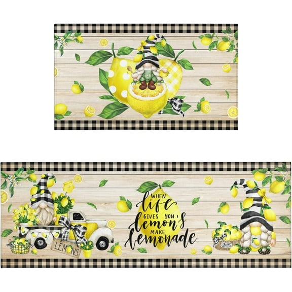 Yellow Lemon Kitchen Rug Mat Spring Summer Kitchen Rugs Sets of 2 Washable Non-Slip Kitchen Floor Mats for in Front of Sink Lemon Kitchen Decor