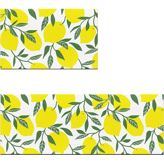 Yellow Lemon Kitchen Rugs and Mats Set 2 Pcs Lemons and Leaves Themed Anti Fatigue Waterproof Floor Mat Comfort Standing Runner Mat for Kitchen, Sink, Laundry (17.3" x28" + 17.3" x 47" Thick 0.4" )