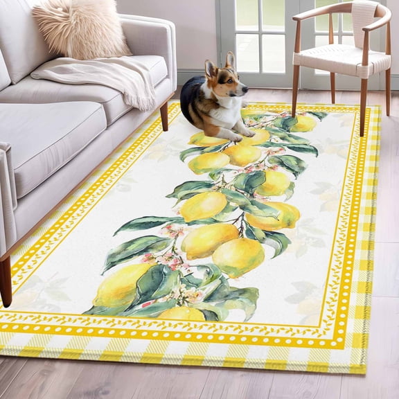 Yellow Lemon Kitchen Runner Rug 2.7x5 Washable Runners for Hallway Non Slip Summer Botanical Plaid Elegant Pastoral Large Area Rug Indoor Floor Carpet for Bathroom Laundry Entryway Bedroom