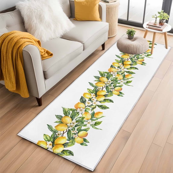 Yellow Lemon Kitchen Runner Rug 2x6 Washable Runners for Hallway Non Slip Simple Spring Botanical Fruit Leaves Flower Large Area Rug Indoor Floor Carpet for Bathroom Laundry Entryway Bedroom