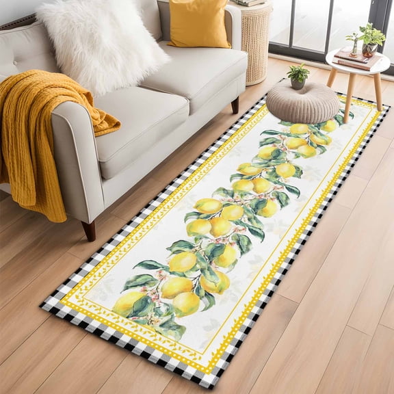 Yellow Lemon Kitchen Runner Rug 2x6 Washable Runners for Hallway Non Slip Summer Botanical Black White Plaid Pastoral Large Area Rug Indoor Floor Carpet for Bathroom Laundry Entryway Bedroom