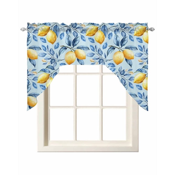 Yellow Lemon Kitchen Swag Valances for Windows, Blue Leaves Summer Fruit Watercolor Swag Valances Curtains for Living Room, Rod Pocket Window Treatments for Bathroom, Bedroom, Cafe, 56"x36"