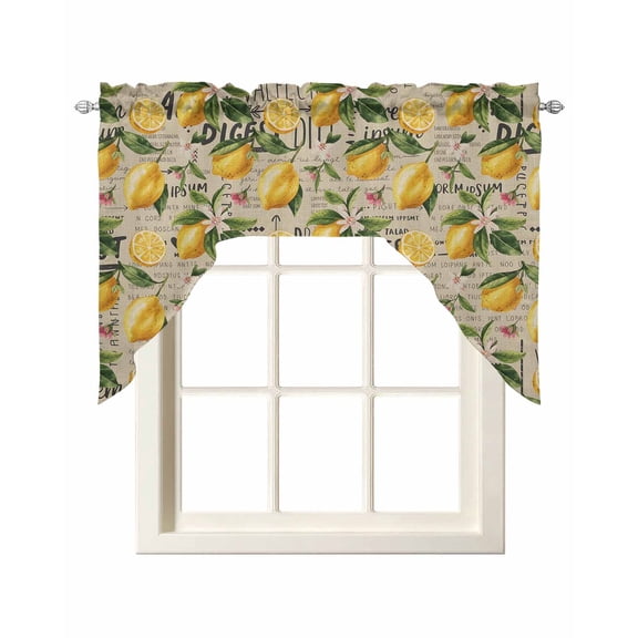 Yellow Lemon Kitchen Swag Valances for Windows, Brown Vintage Summer Fruit Watercolor Swag Valances Curtains for Living Room, Rod Pocket Window Treatments for Bathroom, Bedroom, Cafe, 56"x36"
