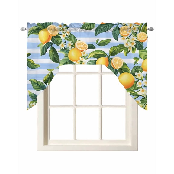 Yellow Lemon Kitchen Swag Valances for Windows, Rustic Summer Fruit Blue Strip Watercolor Swag Valances Curtains for Living Room, Rod Pocket Window Treatments for Bathroom, Bedroom, Cafe, 56"x36"