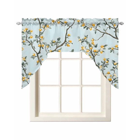 Yellow Lemon Kitchen Swag Valances for Windows, Tree Leaf Branch Summer Watercolor Blue Swag Valances Curtains for Living Room, Rod Pocket Window Treatments for Bathroom, Bedroom, Cafe, 56"x36"
