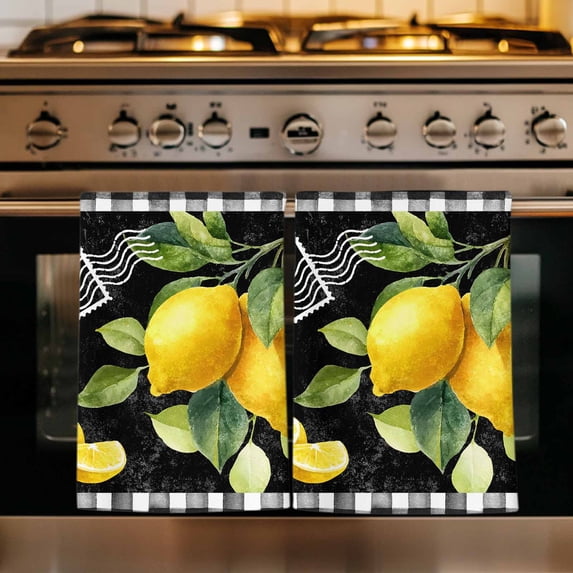 Yellow Lemon Kitchen Towels Set of 1, Summer Botanical Black White Checkered Absorbent Dish Towels for Kitchen, Microfiber Hand Towel, Quick Drying Tea Towel for Cleaning Decorative Dishcloths