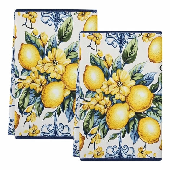 Yellow Lemon Kitchen Towels Set of 2, Absorbent Microfiber Dish Tea Towels with Hanging Loop, Middle Century Blue Italian Textured Resuable Hand Towel for Home Kitchen Cooking Cleaning 18"x28"