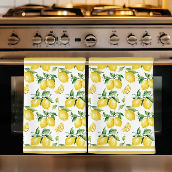 Yellow Lemon Kitchen Towels Set of 2, Summer Watercolor Oil Painting Fruits Absorbent Dish Towels for Kitchen, Microfiber Hand Towel, Quick Drying Tea Towel for Cleaning Decorative Dishcloths
