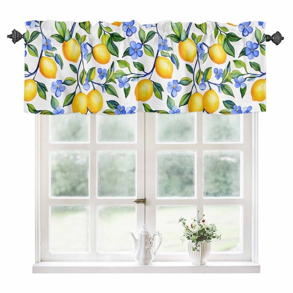Yellow Lemon Kitchen Valances for Windows 42x12 Inch Kitchen Curtains Valances Rod Pocket Blue Flower Botanical Blossom Motif Spring Bathroom Window Valances for Window Treatment Decor