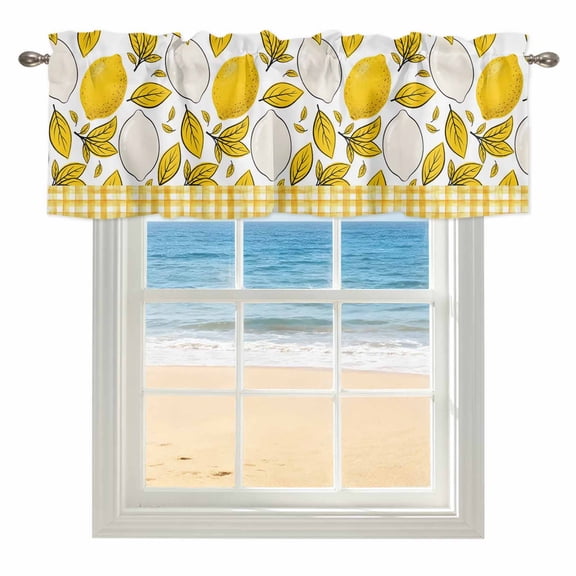 Yellow Lemon Kitchen Valances for Windows 60x18 Inch Kitchen Curtains Valances Rod Pocket Summer Botanical Leaves Plaid Bathroom Window Valances for Window Treatment Decor