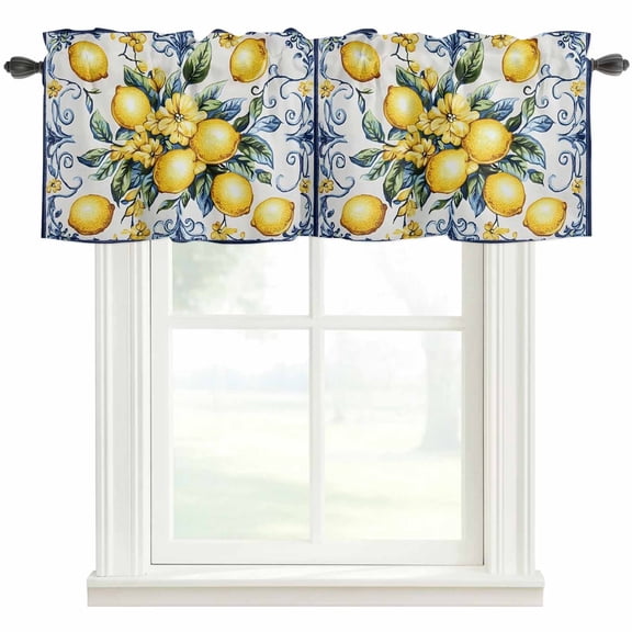 Yellow Lemon Kitchen Valances for Windows, Middle Century Blue Italian Textured Bathroom Window Valances 60x18 Inch Rod Pocket Window Treatments Valance Curtains for Living Room Bedroom Decor