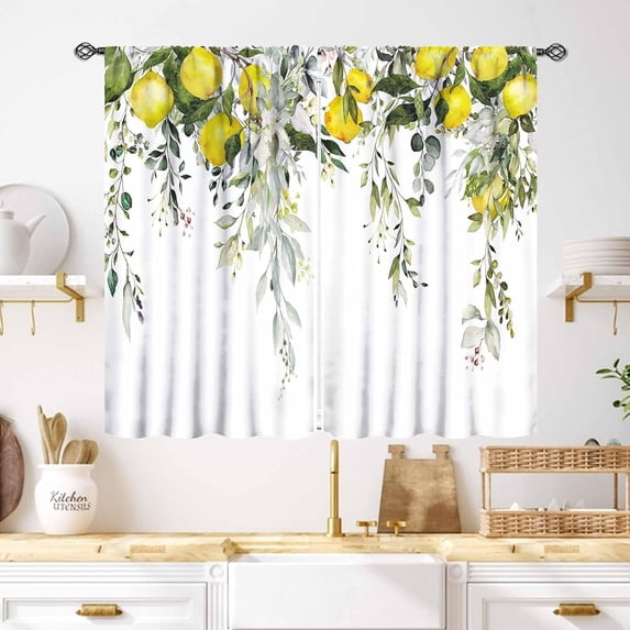 Yellow Lemon Kitchen Window Curtains,Eucalyptus Botanical Leaves Herb Plant Floral Fruit Rural Farmhouse Spring Summer Bedroom Living Room Bathroom 2 Panels,55X39 Inch