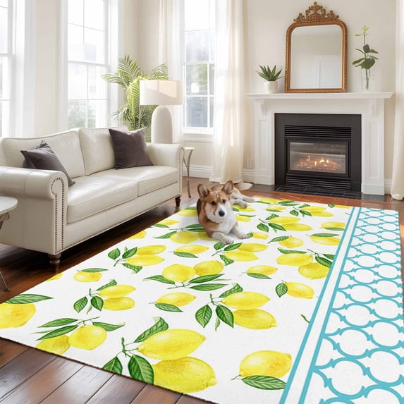 Yellow Lemon Large Area Rugs 8x10 ft Green Leaf Blue Morocco Country Summer Fruit Washable Rug Non Slip Indoor Carpet Absorbent Floor Mat for Living Room Bedroom Dining Room