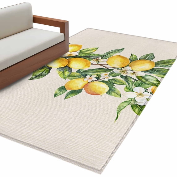Yellow Lemon Large Area Rugs for Bedroom Living Room, Soft Non Slip Carpet Bedside Rug, Spring Botanical Leaves Fruit Farmhouse Rectangular Floor Cover Kitchen Accent Rug 3'x5' for Dining Room/Office