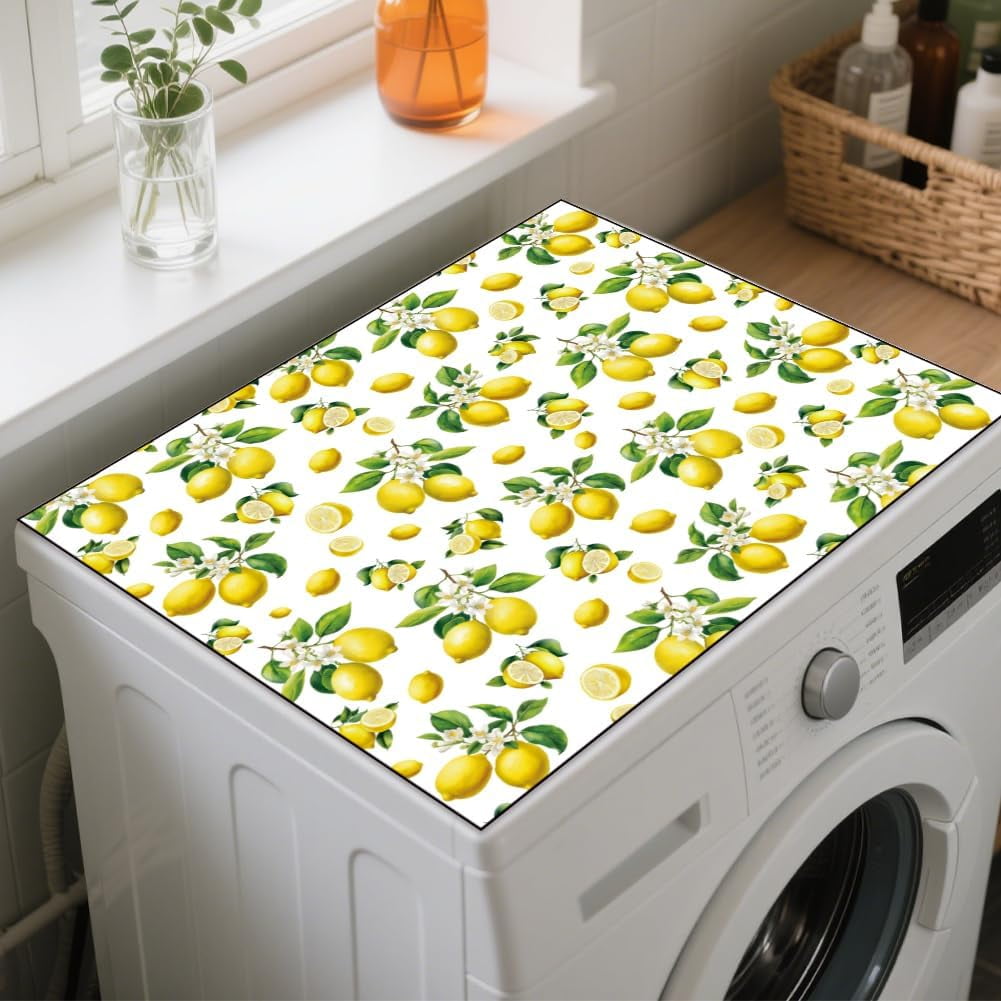 Yellow Lemon Laundry Washer Dryer Dust Cover Mat 23.6x19.7inch Fruits Washing Machine Top Protector Pads Plants Patterns Non Slip