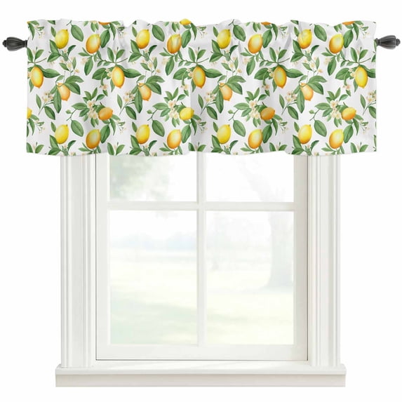 Yellow Lemon Leaves Window Valance Curtain White Floral Rod Pocket Short Curtain for Living Room, Bedroom & Kitchen Window Decor 42x12in