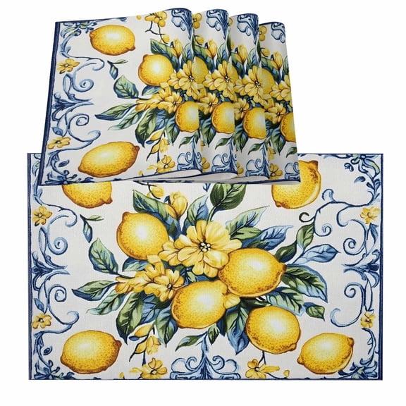 Yellow Lemon Middle Century Blue Italian Textured Burlap Kitchen Place Mats Waterproof Cloth Table Mats, Indoor Outdoor Placemats Easy Clean Dinner Decor