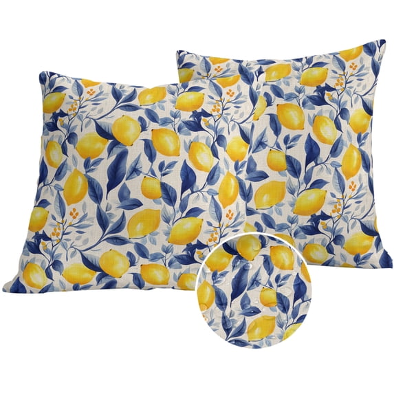 Yellow Lemon Outdoor Pillow Covers 18x18 Set of 2,Waterproof Patio Throw Pillowcase Protectors,Blue Leaf Vintage Botanical Summer Spring Decorative Pillow Shams Cushion Covers for Seat Bed Couch Sofa