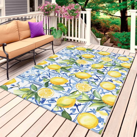 Yellow Lemon Outdoor Rug 5x8 Ft, Non Slip Washable Area Rug, Botanical Spring Leaves Abstract Blue Tile Patio Rugs Carpet Runner, Large Floor Mat for Indoor/Outdoor Deck Porch Camping