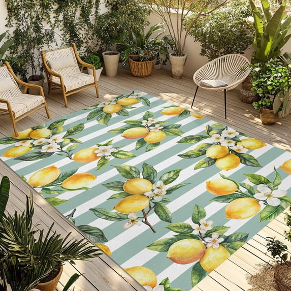 Yellow Lemon Outdoor Rug 6x9 Ft - Reversible Patio Rug Outdoor Camping Rugs, Spring Botanical Floral Leaves Aqua Stripes Indoor Outdoor Area Rugs, Non-Slip Outdoor Carpet Runner for Deck/Porch