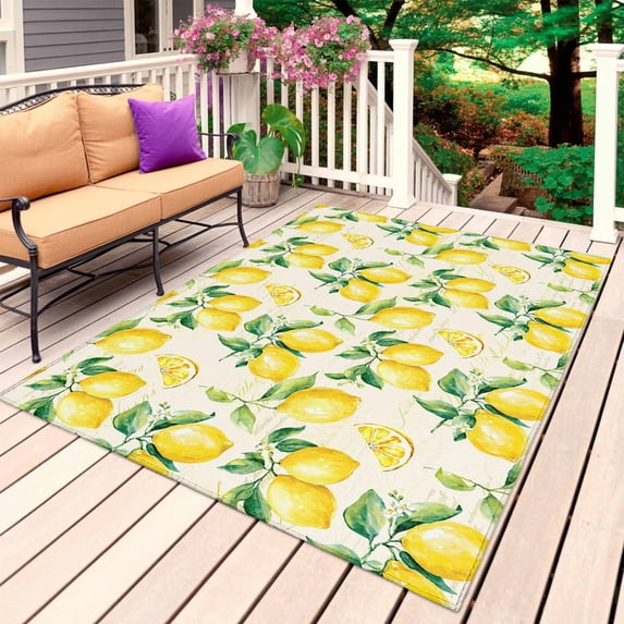 Yellow Lemon Outdoor Rug for Patio/Deck/Porch, Non-Slip Large Area Rug 3 x 5 Ft, Summer Fruit Green Retro Farmhouse Leaf Indoor Outdoor Rugs Washable Area Rugs, Reversible Camping Rug Carpet Runner