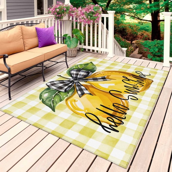 Yellow Lemon Outdoor Rug for Patio/Deck/Porch, Non-Slip Large Area Rug 4 x 6 Ft, Checkered Plaid Modern Gingham Lattice Indoor Outdoor Rugs Washable Area Rugs, Reversible Camping Rug Carpet Runner