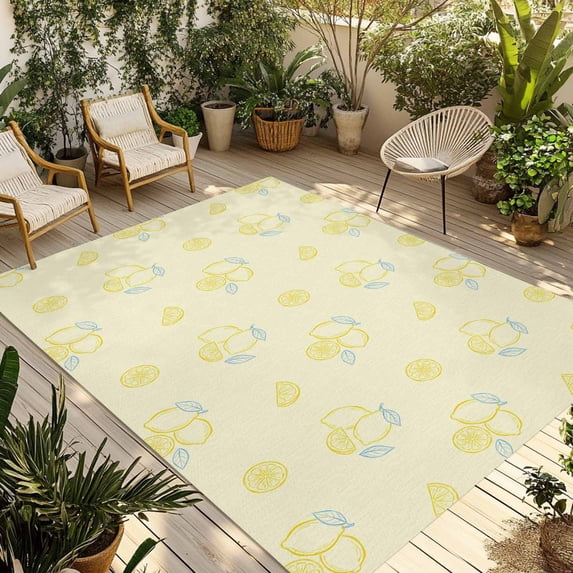 Yellow Lemon Outdoor Rug for Patio/Deck/Porch, Non-Slip Large Area Rug 5 x 7 Ft, Summer Farmhouse Fruits Leaves Lemon Indoor Outdoor Rugs Washable Area Rugs, Reversible Camping Rug Carpet Runner