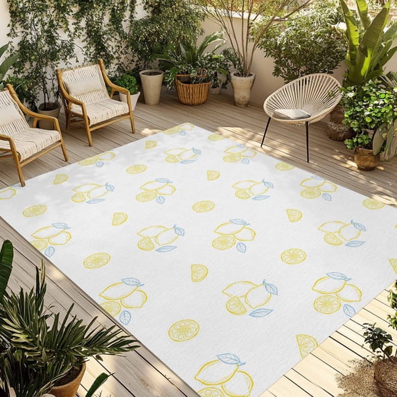 Yellow Lemon Outdoor Rug for Patio/Deck/Porch, Non-Slip Large Area Rug 6 x 9 Ft, Country Farmhouse Fruits Leaves Summer Indoor Outdoor Rugs Washable Area Rugs, Reversible Camping Rug Carpet Runner