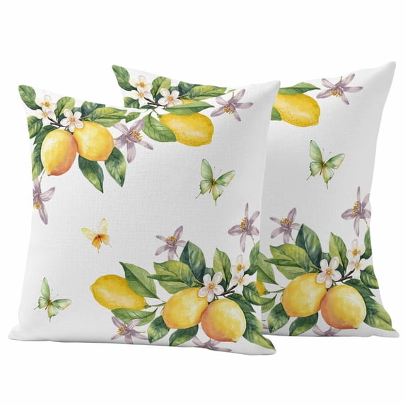 Yellow Lemon Outdoor Waterproof Pillow Covers, Country Flower Butterfly Watercolor White Decorative Square Throw Pillowcase Sofa Cushion Sham for Patio/Couch/Chair, 20"x20" 2 Pack