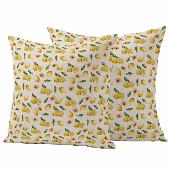 Yellow Lemon Outdoor Waterproof Pillow Covers, Summer Fruit Flower Retro Watercolor Beige Decorative Square Throw Pillowcase Sofa Cushion Sham for Patio/Couch/Chair, 20"x20" 2 Pack