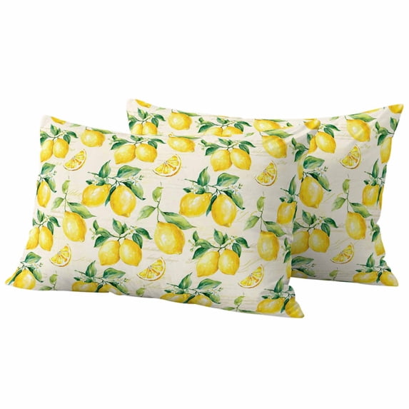 Yellow Lemon Outdoor Waterproof Pillow Covers, Summer Fruit Green Retro Farmhouse Leaf Decorative Rectangle Throw Pillowcase Sofa Cushion Sham for Patio/Couch/Chair, 20"x12" 2 Pack