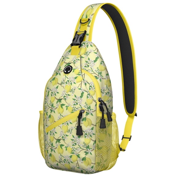 Yellow Lemon Pattern Travel Sling Backpack, Lightweight and Stylish Crossbody Bag with Summer Fruit Print and Floral Decoration, Perfect for Outdoor Use