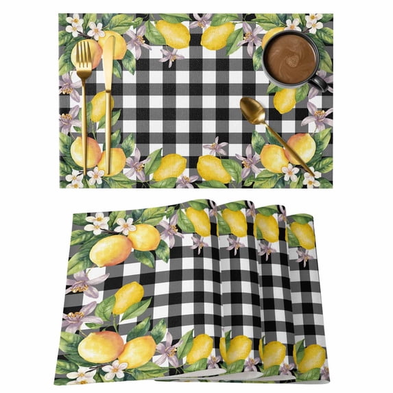 Yellow Lemon Placemats Set of 2, Black White Plaid Leaf Pink Flower Floral Non-Slip Place Mats Washable Table Mats for Kitchen Dining Table Decorations Indoor/Outdoor