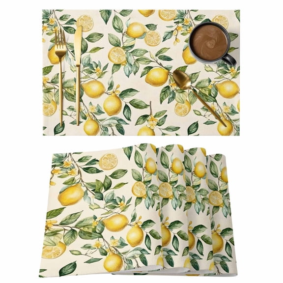 Yellow Lemon Placemats Set of 4 Spring Floral Flower Fruit Farmhouse Modern Place Mats Indoor Wipeable Table Mats Washable Cloth Dining Table Placemats for Kitchen Holiday Party Home Decor 13x19 Inch