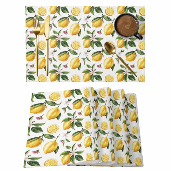 Yellow Lemon Placemats Set of 4, Tropical Green Leaf Pink Floral Fruit Placemats for Dining Table, Place Mats for Kitchen Tabletop, Waterproof Wipeable Dining Table Mats Set