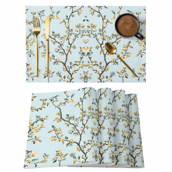 Yellow Lemon Placemats Set of 6 Tree Leaf Branch Summer Watercolor Blue Place Mats Indoor Wipeable Table Mats Washable Cloth Dining Table Placemats for Kitchen Holiday Party Home Decor 13x19 Inch