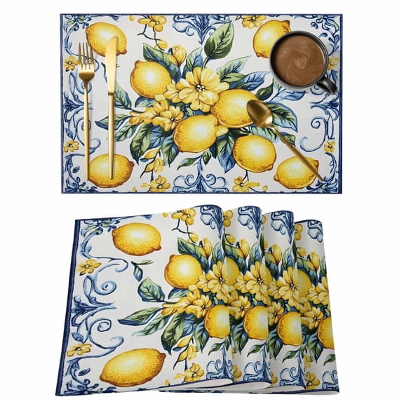 Yellow Lemon Placemats Set of 8 Middle Century Blue Italian Textured Place Mats Indoor Wipeable Table Mats Washable Cloth Dining Table Placemats for Kitchen Holiday Party Home Decor 13x19 Inch
