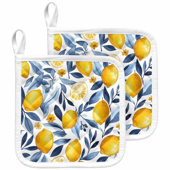 Yellow Lemon Pot Holders for Kitchen Heatproof Potholder, 2 Pack Blue Flower Leaves Spring Summer Plant Hot Pads Multipurpose Oven Pads Cloth Potholders Trivet for Cooking and Baking