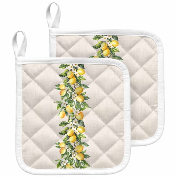 Yellow Lemon Pot Holders for Kitchen Heatproof Potholder, 2 Pack Spring Botanical Leaves Fruit Farmhouse Hot Pads Multipurpose Oven Pads Cloth Potholders Trivet for Cooking and Baking