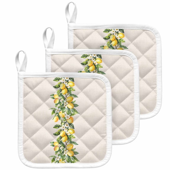 Yellow Lemon Pot Holders for Kitchen Heatproof Potholder, 3 Pack Spring Botanical Leaves Fruit Farmhouse Hot Pads Multipurpose Oven Pads Cloth Potholders Trivet for Cooking Baking