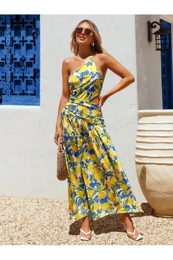 Yellow Lemon Print Halter Neck Open Back Maxi Dress For Women Summer Vacation Beach Style