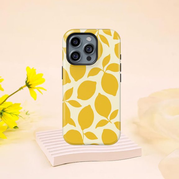 Yellow Lemon Print iPhone Case, Fresh Citrus Summer Pattern 17 16 15 14 13 12 11 Pro Max