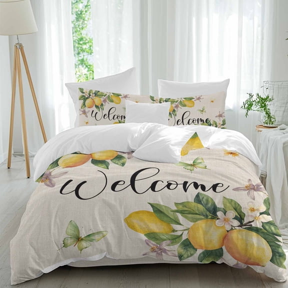 Yellow Lemon Queen Size Comforter Set, Butterfly Flower Green Leaf Retro Linen Bedding for All Seasons, 4 Pcs Bed Set, 1Quiltcover (90"x92") ,1Sheet(94"x116"), 2Pillowcases (30"x20")